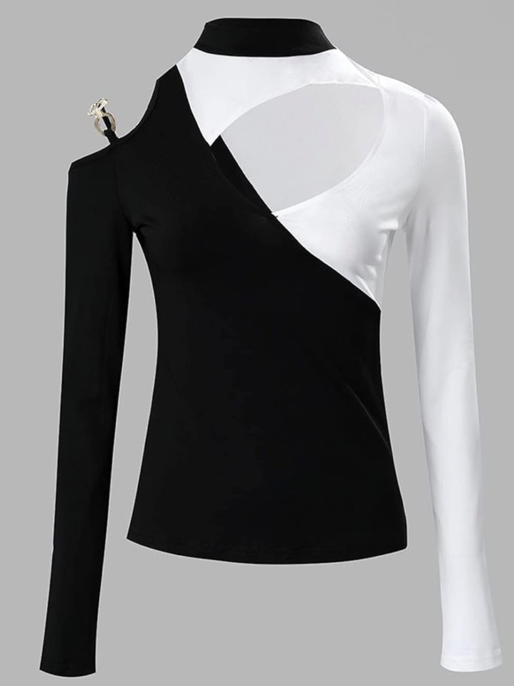 Chic Me Color block Black & White Cutout Long Sleeve Top long-sleeved turtleneck - Picture 7 of 9